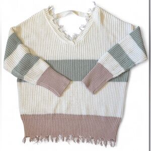 Moon & Madison Frayed V-Neck Striped Sweater in Cream, Sage & Taupe